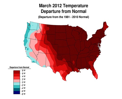 Riscaldamento climatico negli USA: a marzo 2012 + 8 °F sopra la media stagionale